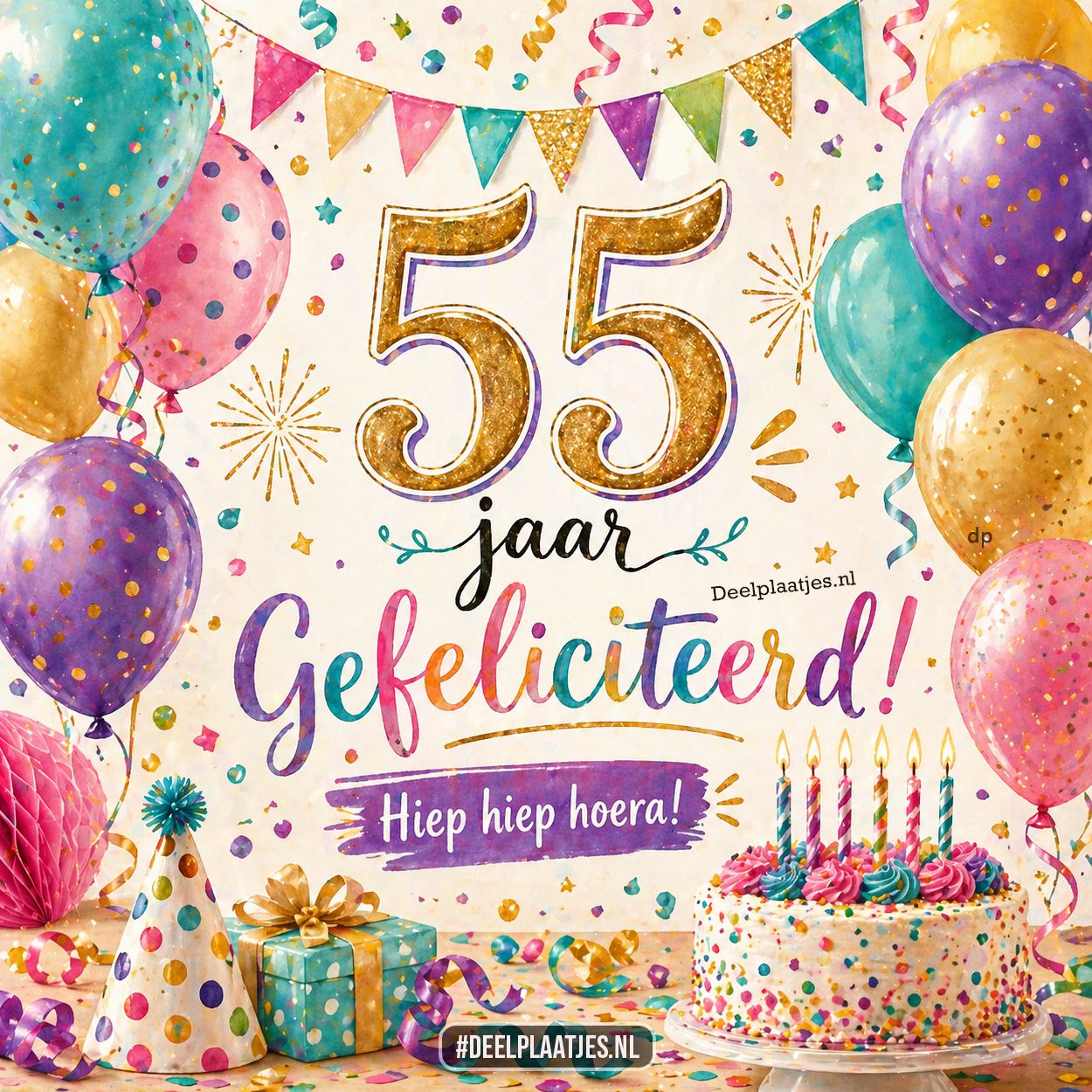 55 jaar verjaardag felicitatie met taart en ballonnen