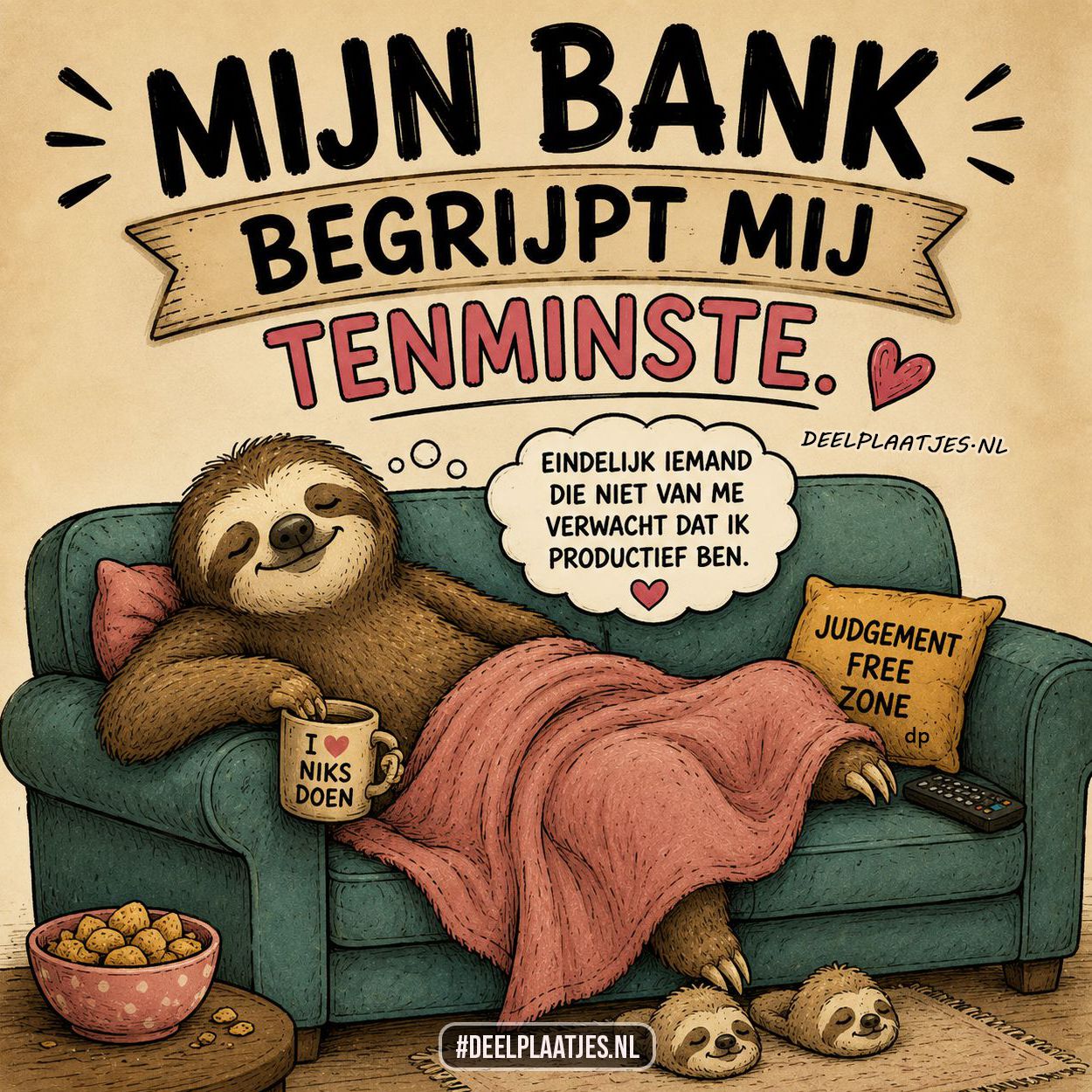 Grappig bankhang plaatje met luiaard humor