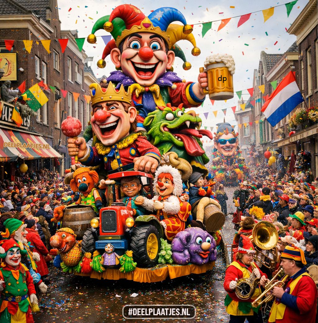 Carnaval optocht met praalwagen vol humor en kleur