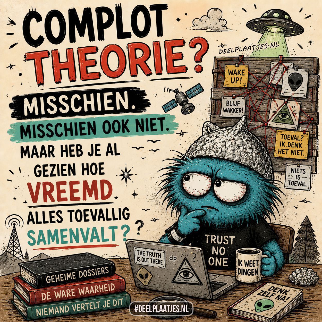 Grappig complot theorie plaatje met aliens en humor