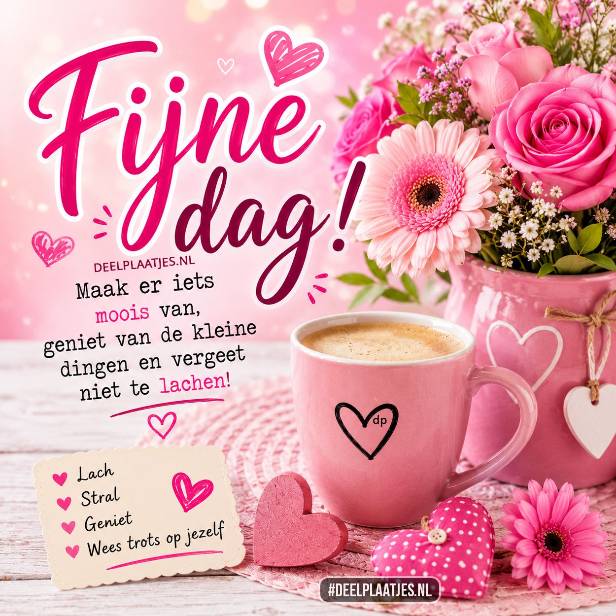 Fijne dag plaatje met roze bloemen en koffiegroet