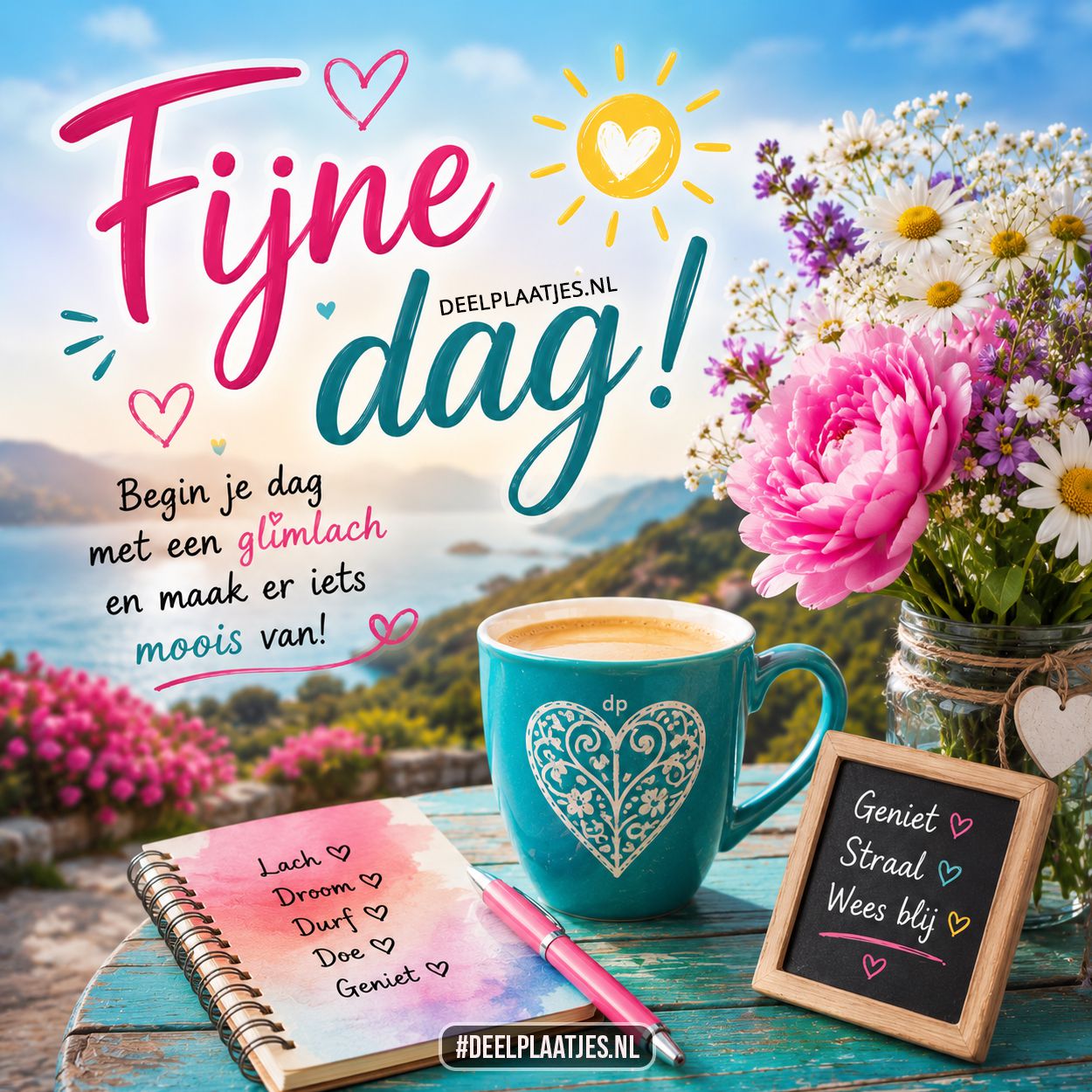 Fijne dag plaatje met glimlach en bloemen