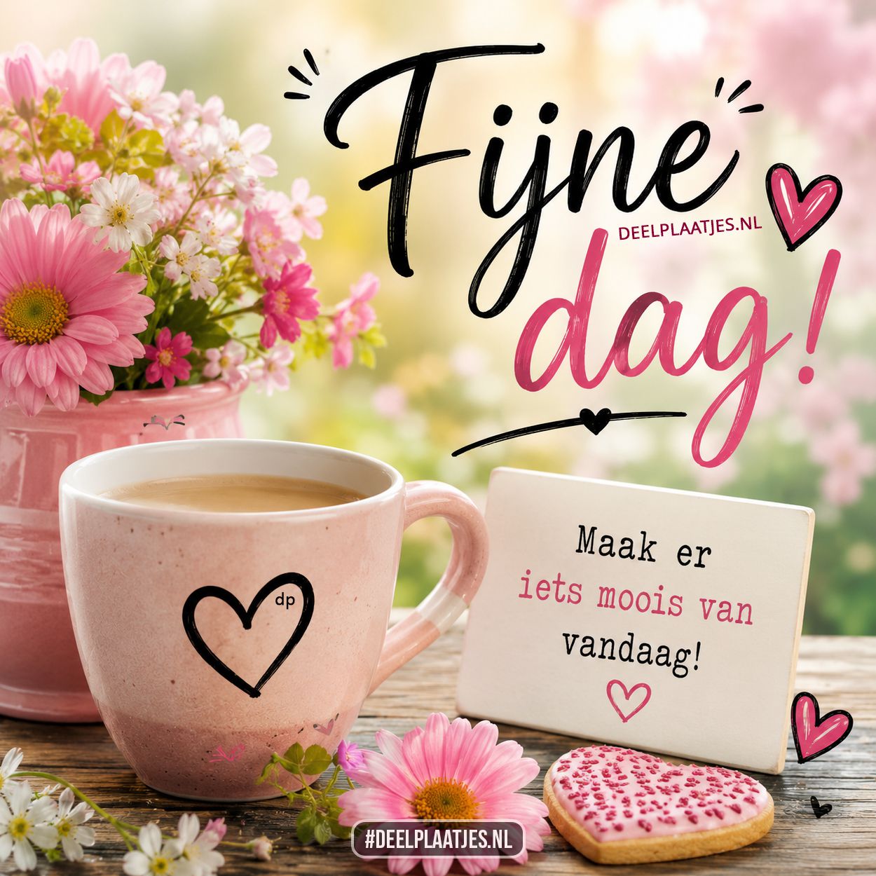 Fijne dag plaatje met bloemen en koffiegroet