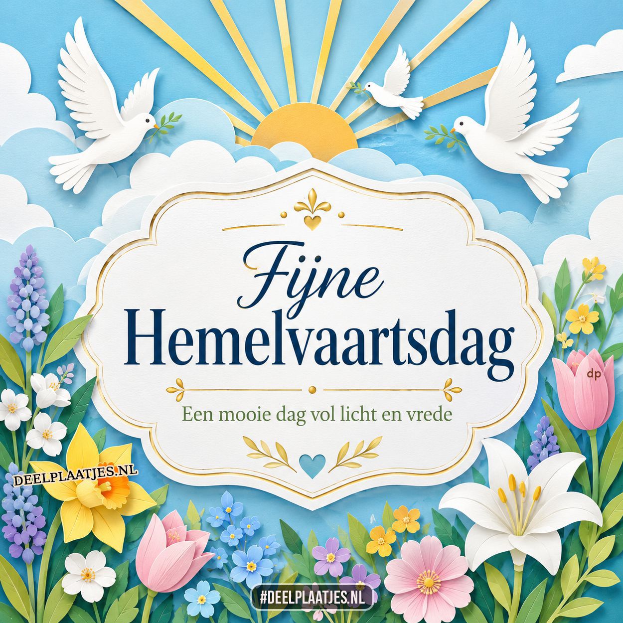 Fijne hemelvaartsdag afbeelding met duiven en bloemen