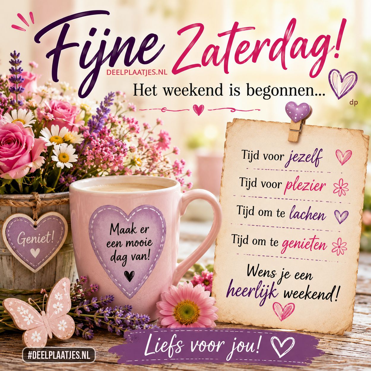 Fijne zaterdag plaatje met weekendwens en bloemen