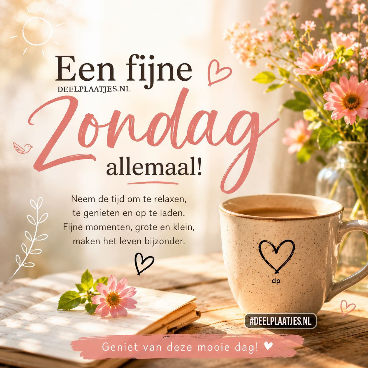 Een fijne zondag allemaal afbeelding met koffie en bloemen