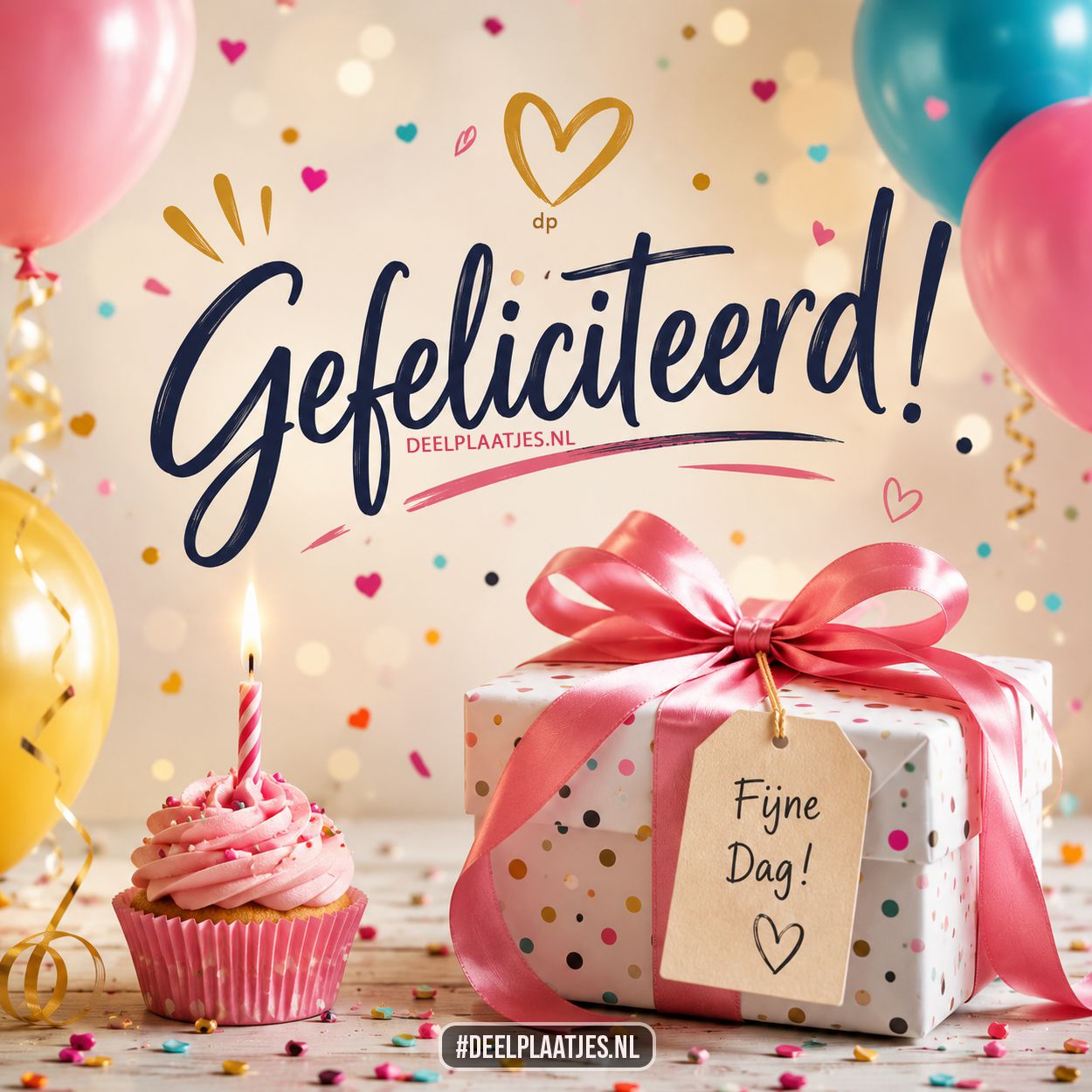 Gefeliciteerd afbeelding met cadeau, cupcake en feestelijke sfeer gefeliciteerd plaatje