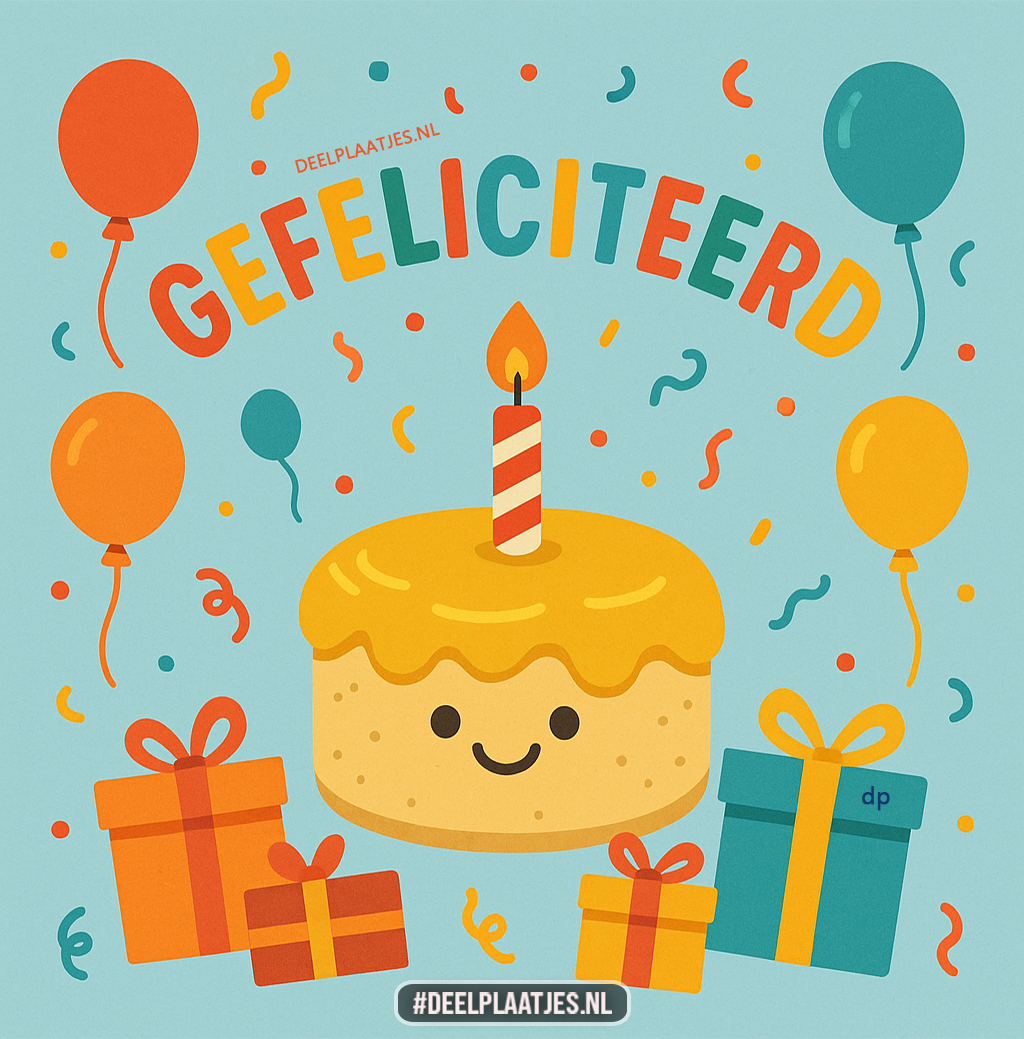 Vrolijke felicitatiekaart met taart en cadeautjes