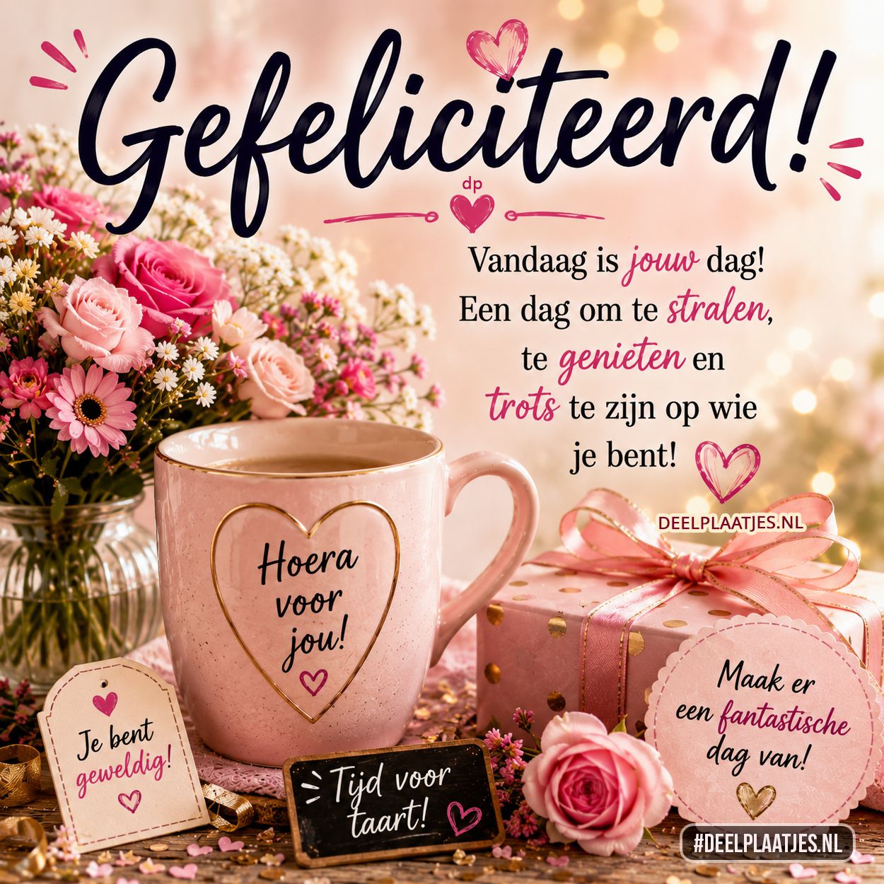 Gefeliciteerd plaatje met roze bloemen en cadeau WhatsApp afbeelding gratis