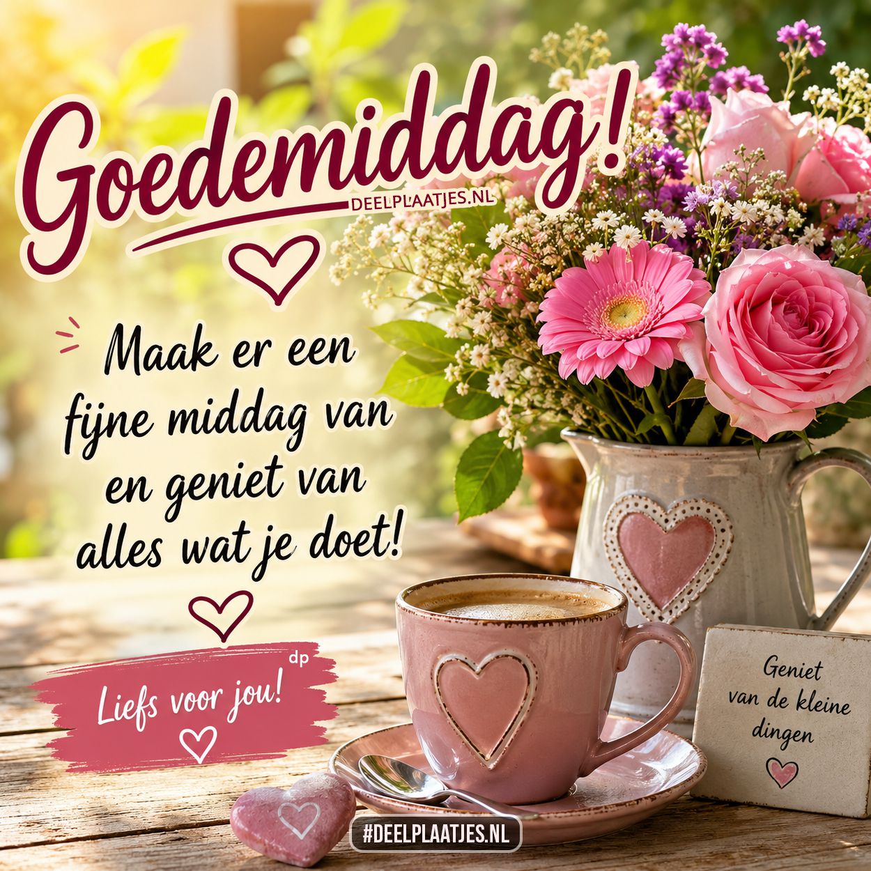 Goedemiddag plaatje met bloemen en koffie WhatsApp afbeelding gratis