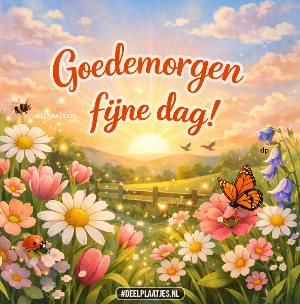 Goedemorgen fijne dag wens met zon en bloemen