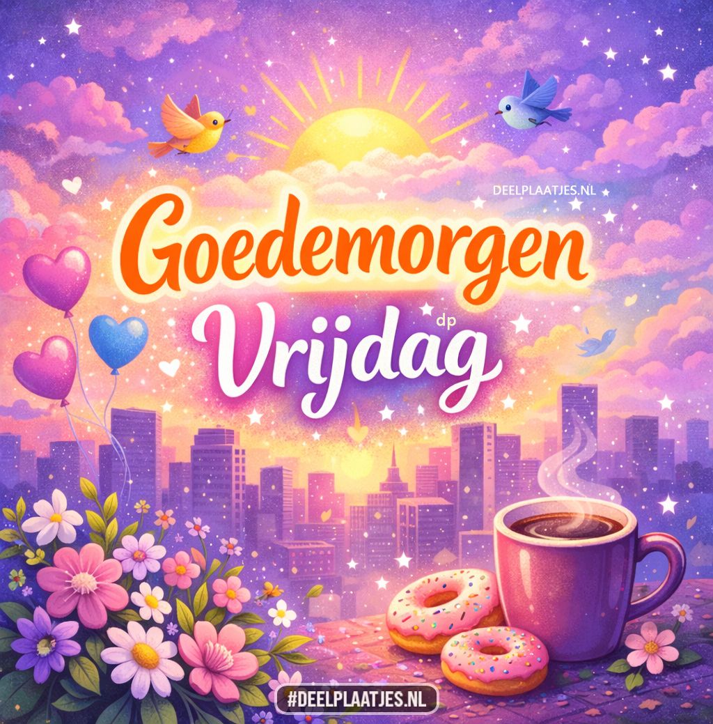 Goedemorgen vrijdag wens met zon, koffie en gezelligheid