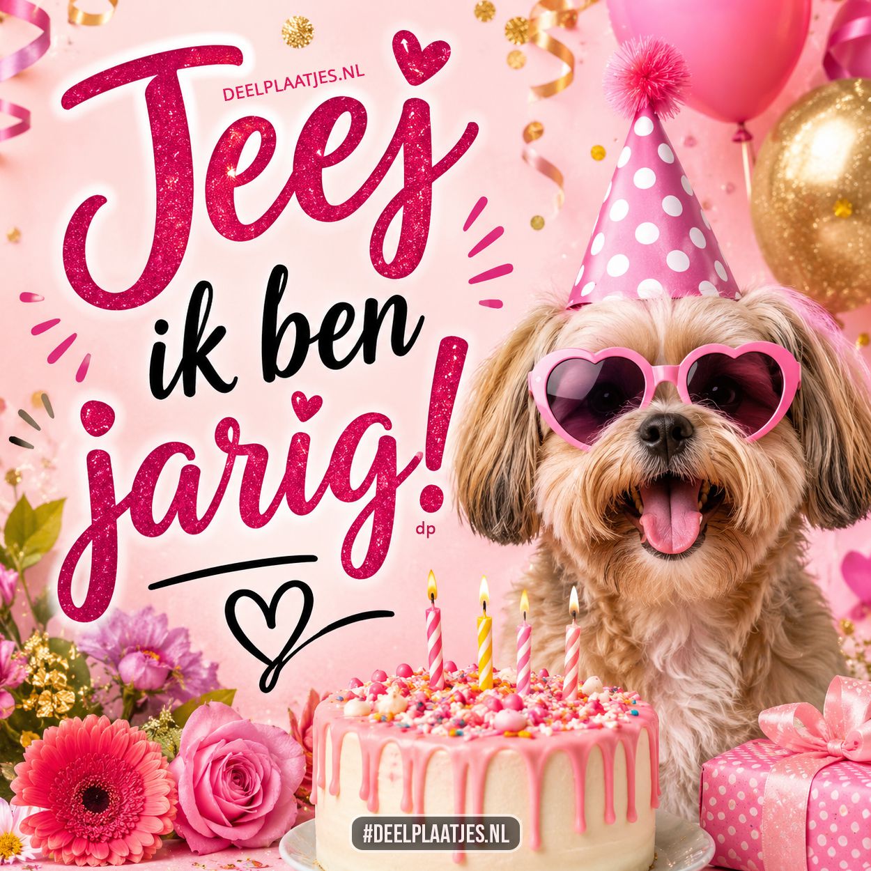 Jarig plaatje met feesthond en verjaardagstaart