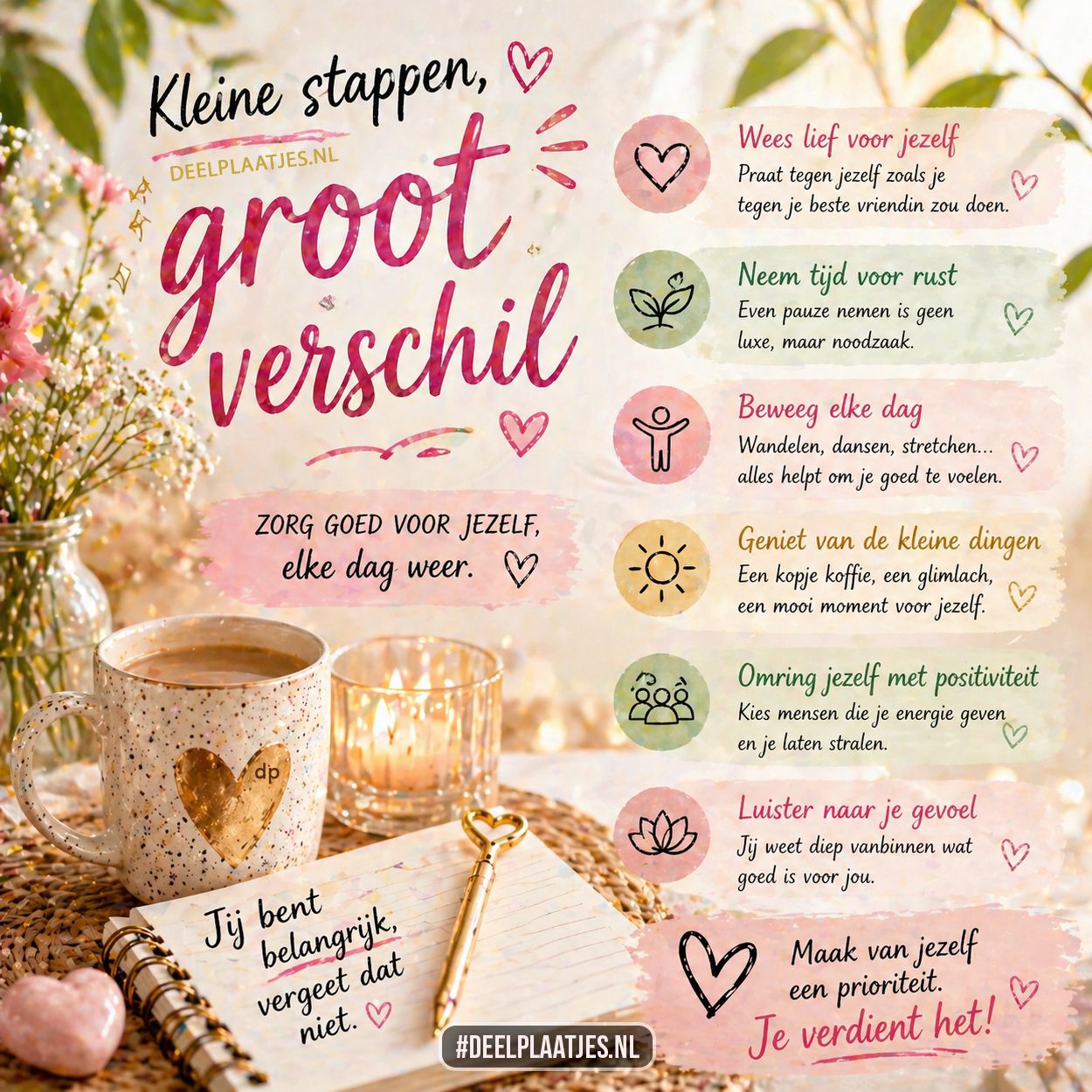 Kleine stappen groot verschil zelfzorg spreuk afbeelding