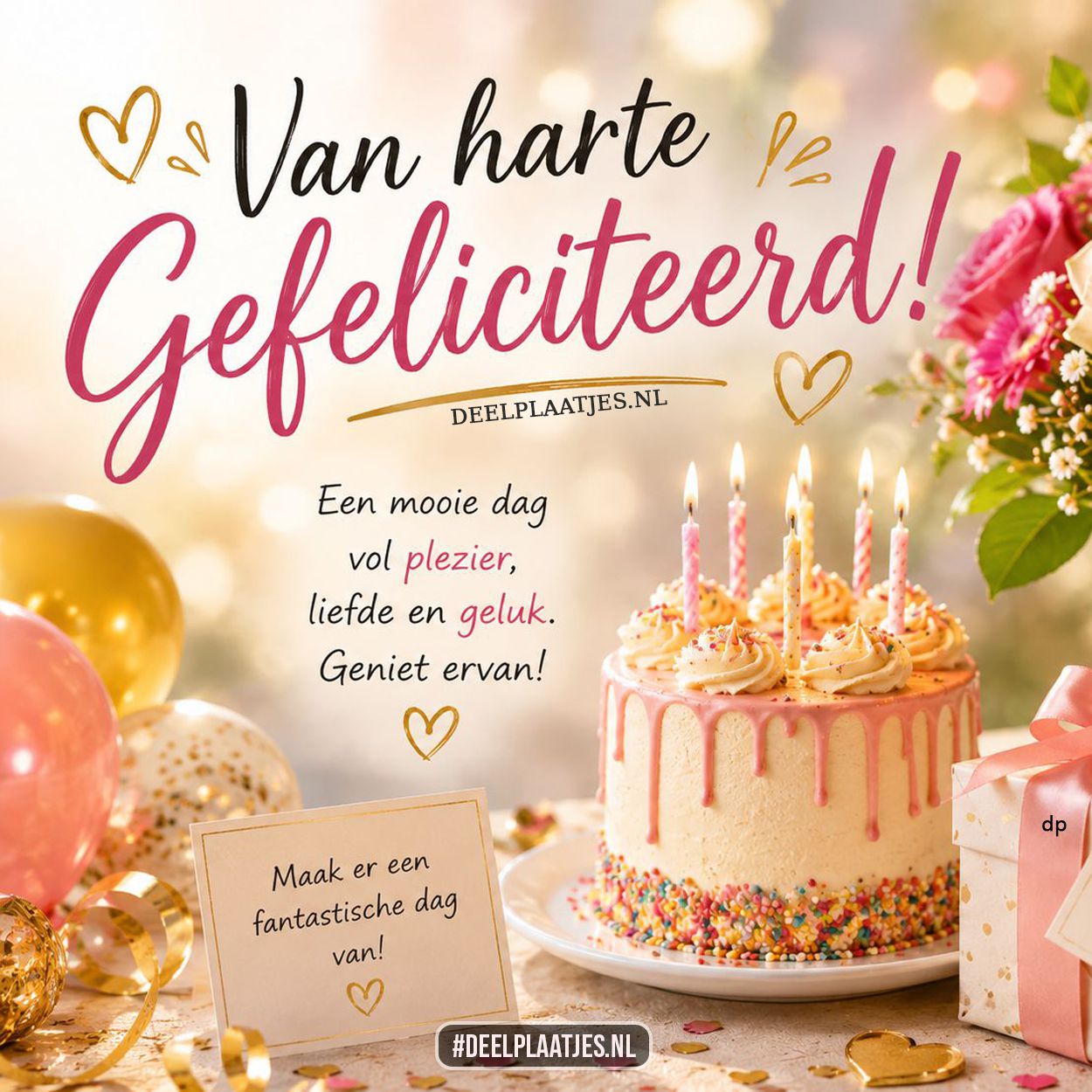 Van harte gefeliciteerd afbeelding met taart en bloemen