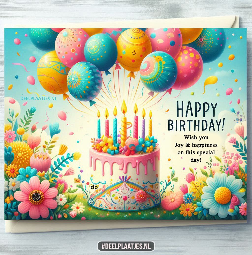 Vrolijke verjaardagskaart met taart en ballonnen