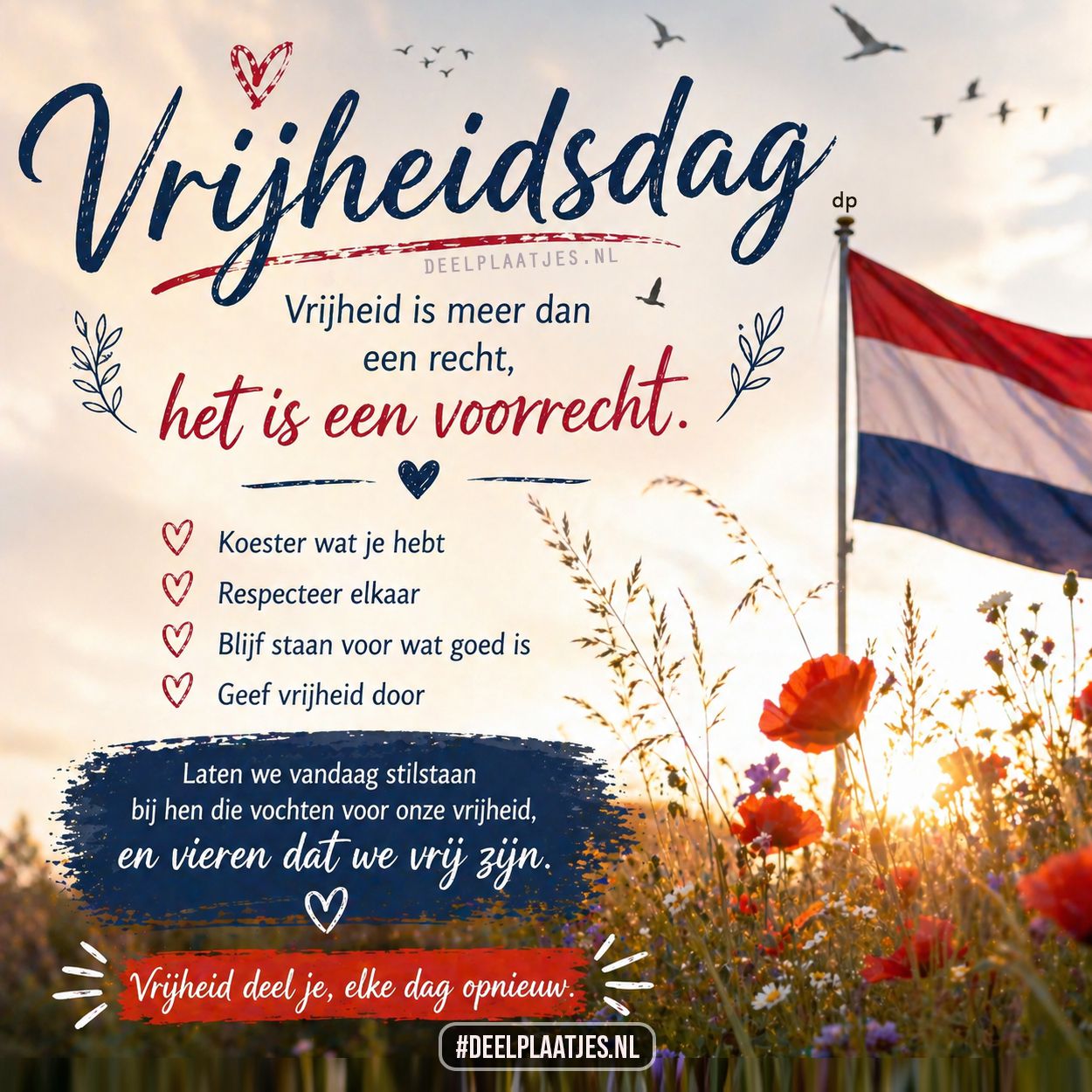Vrijheidsdag 5 mei afbeelding met vlag en bloemen
