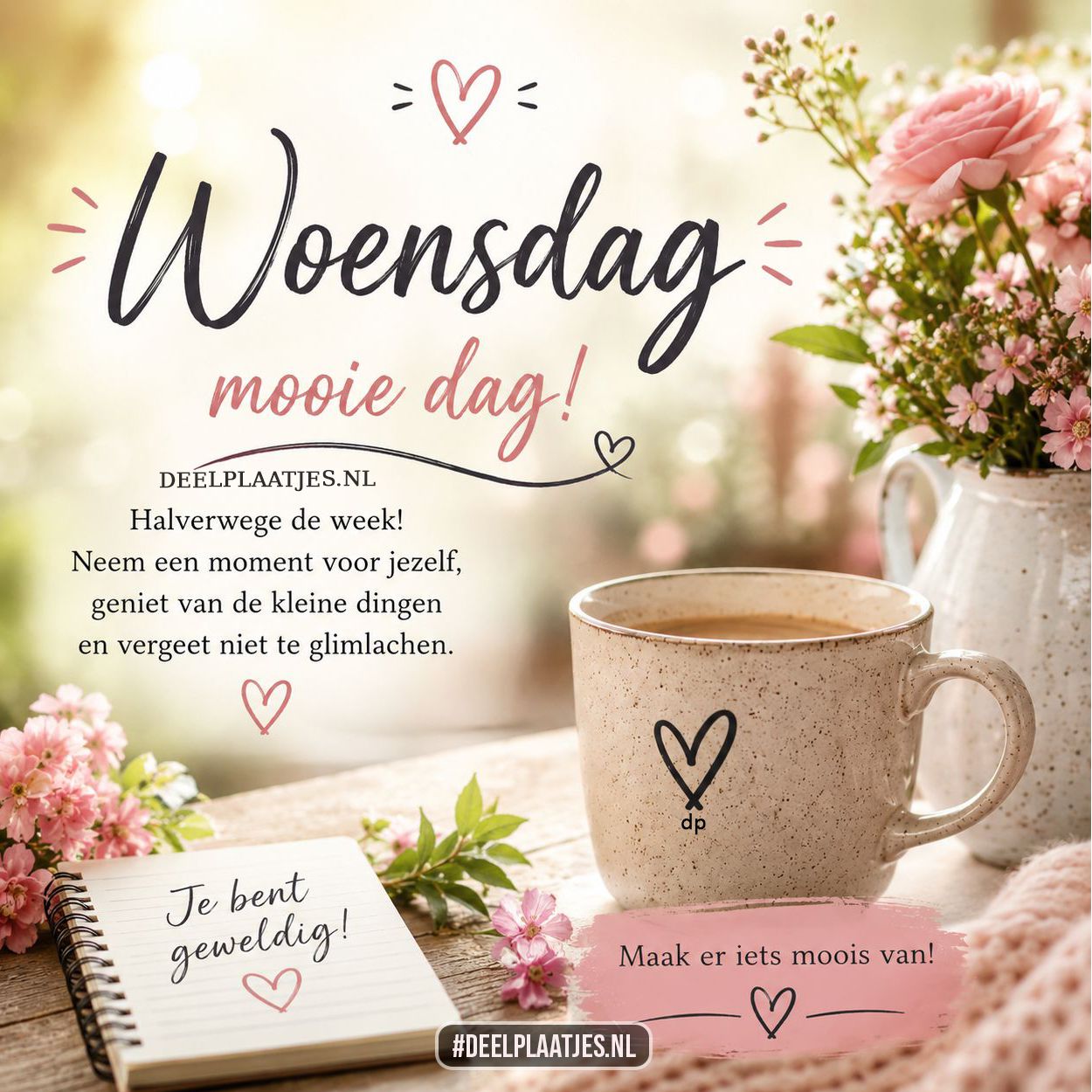 Woensdag mooie dag afbeelding met bloemen en koffie
