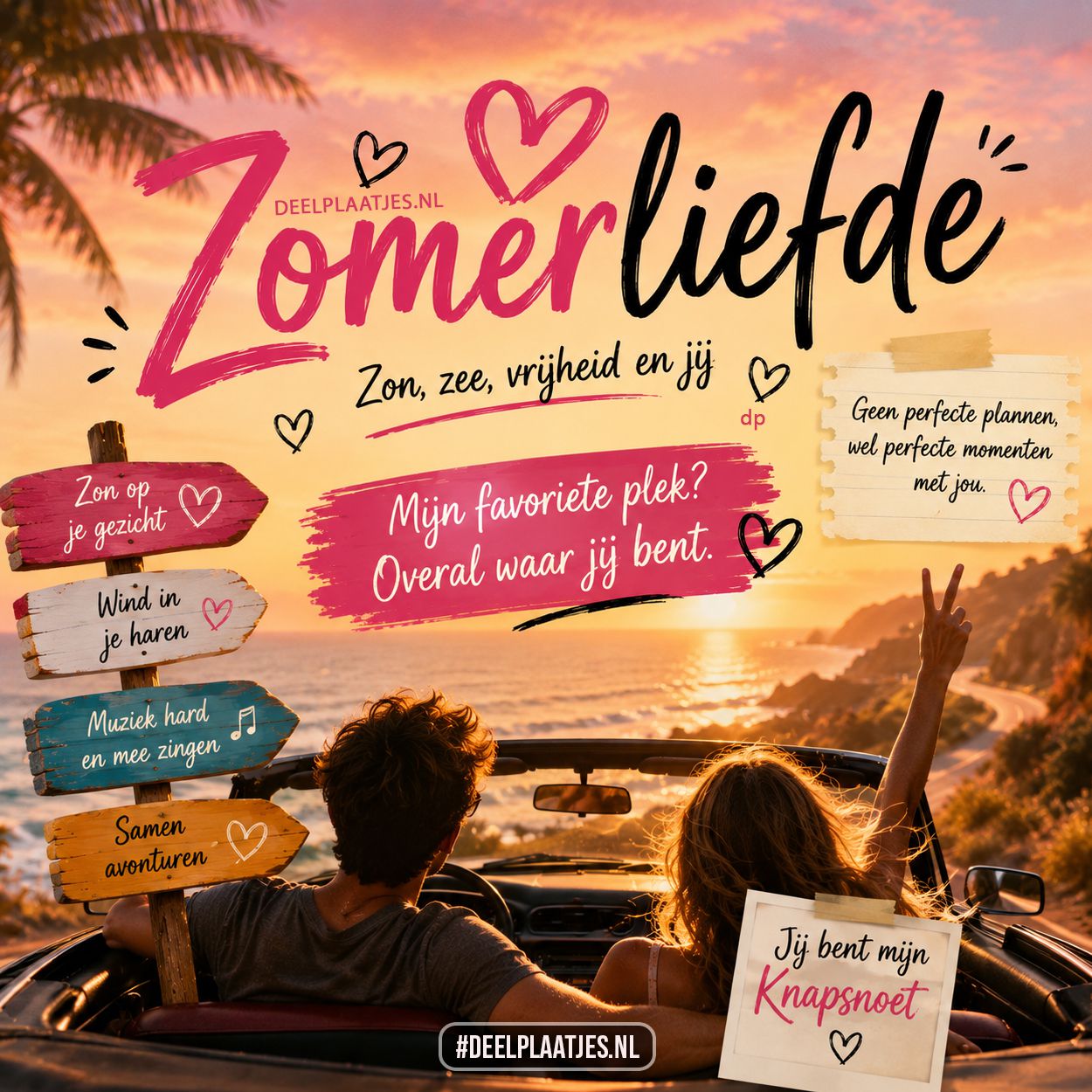 Zomerliefde plaatje met romantische roadtrip en zonsondergang gefeliciteerd plaatje