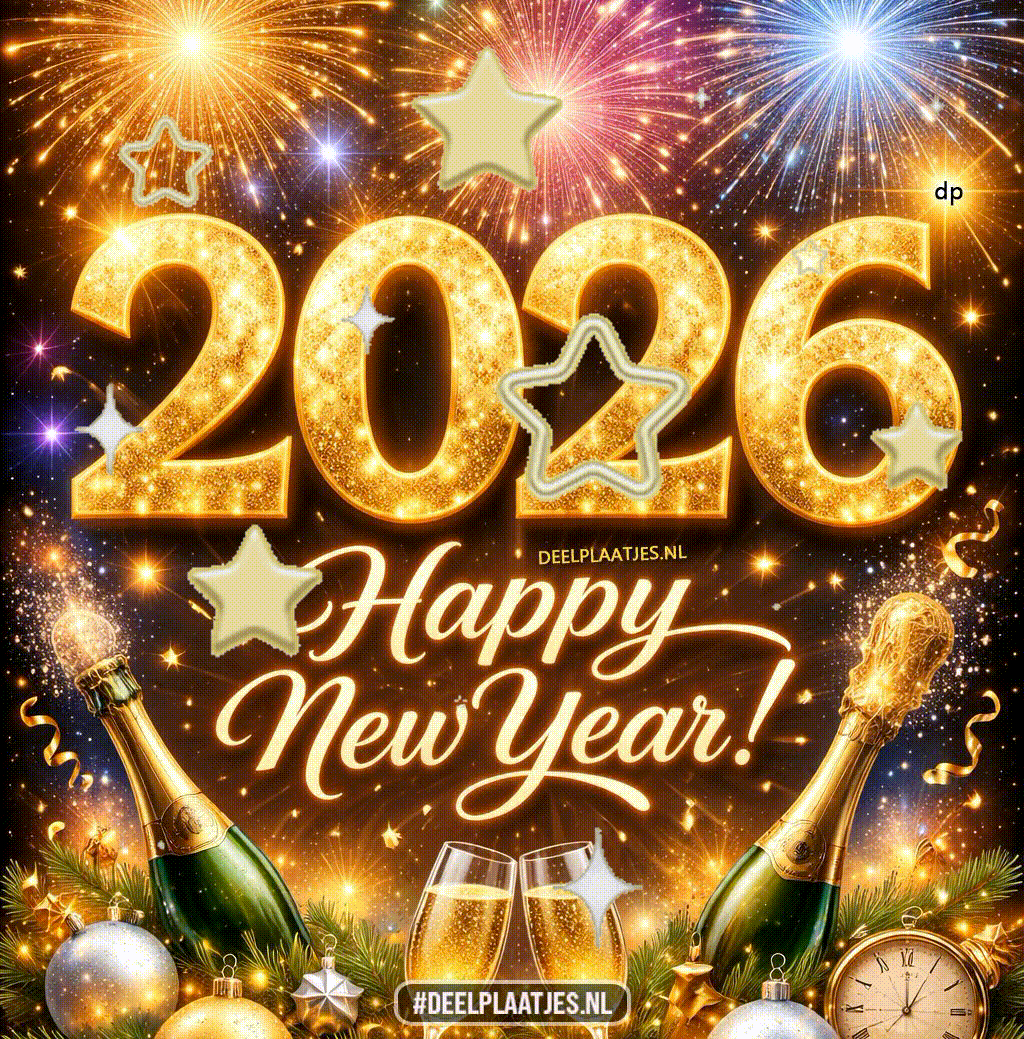 goudkleurig nieuwjaarsplaatje 2026 met vuurwerk